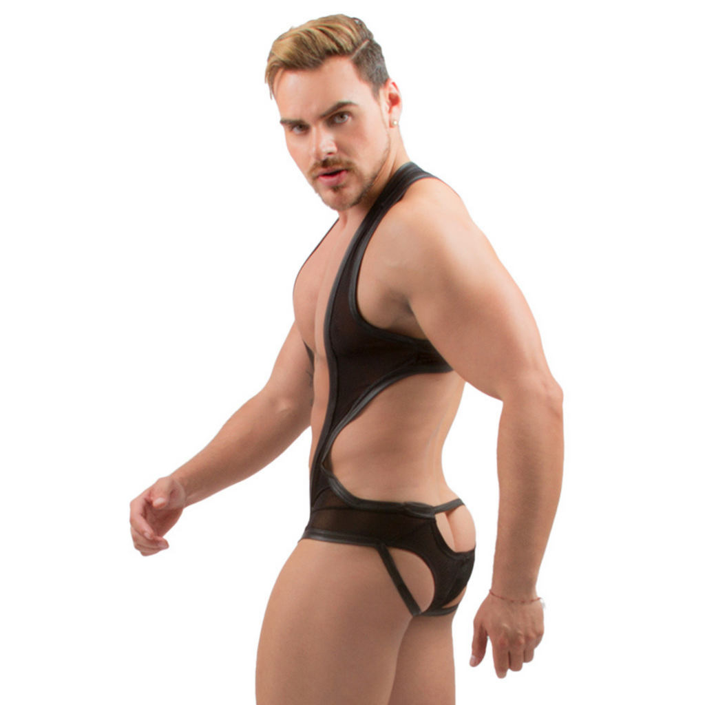 PRVRT BLACK - BODYSUIT SINGLET BULGE VINIPIEL & MESH