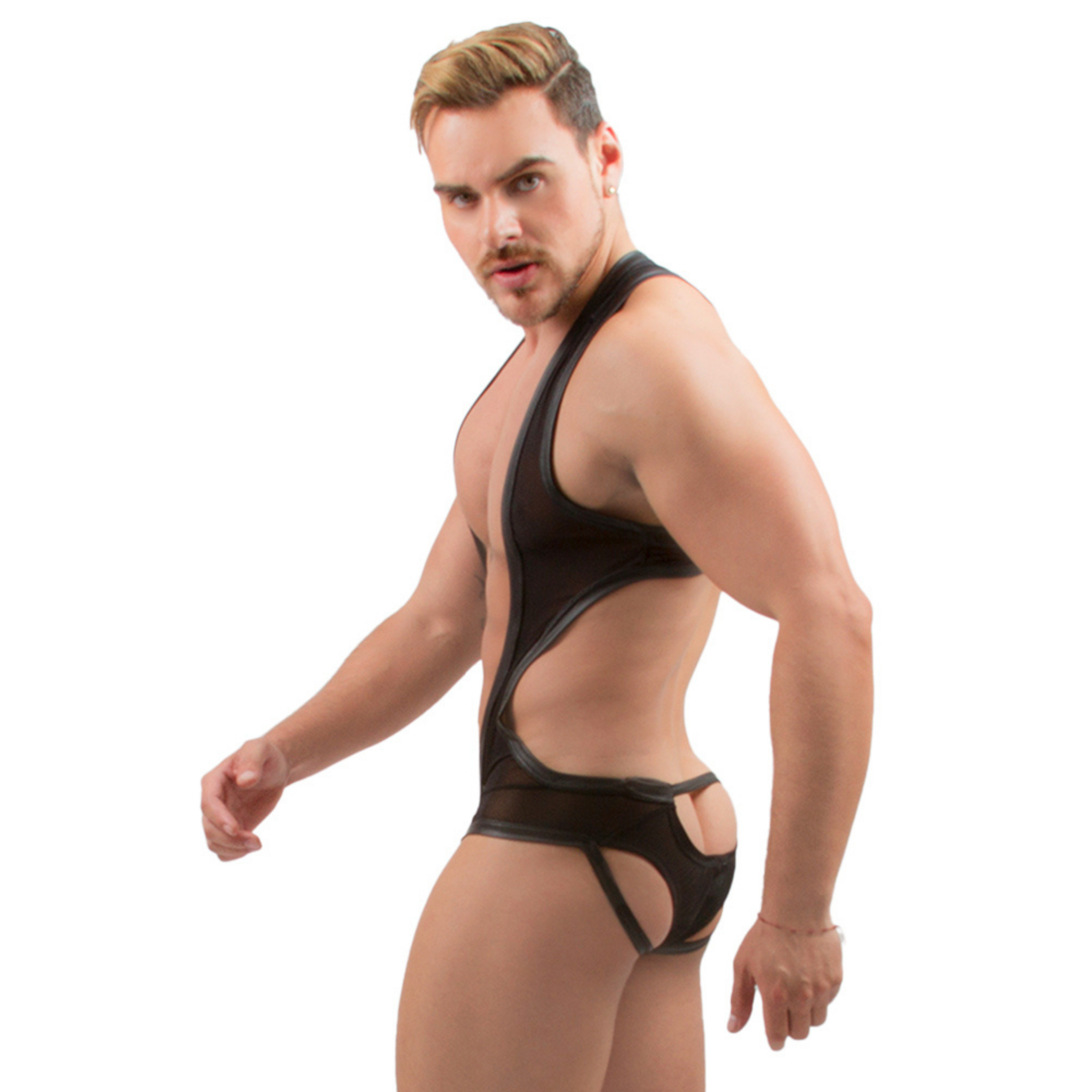PRVRT BLACK - BODYSUIT SINGLET BULGE VINIPIEL & MESH