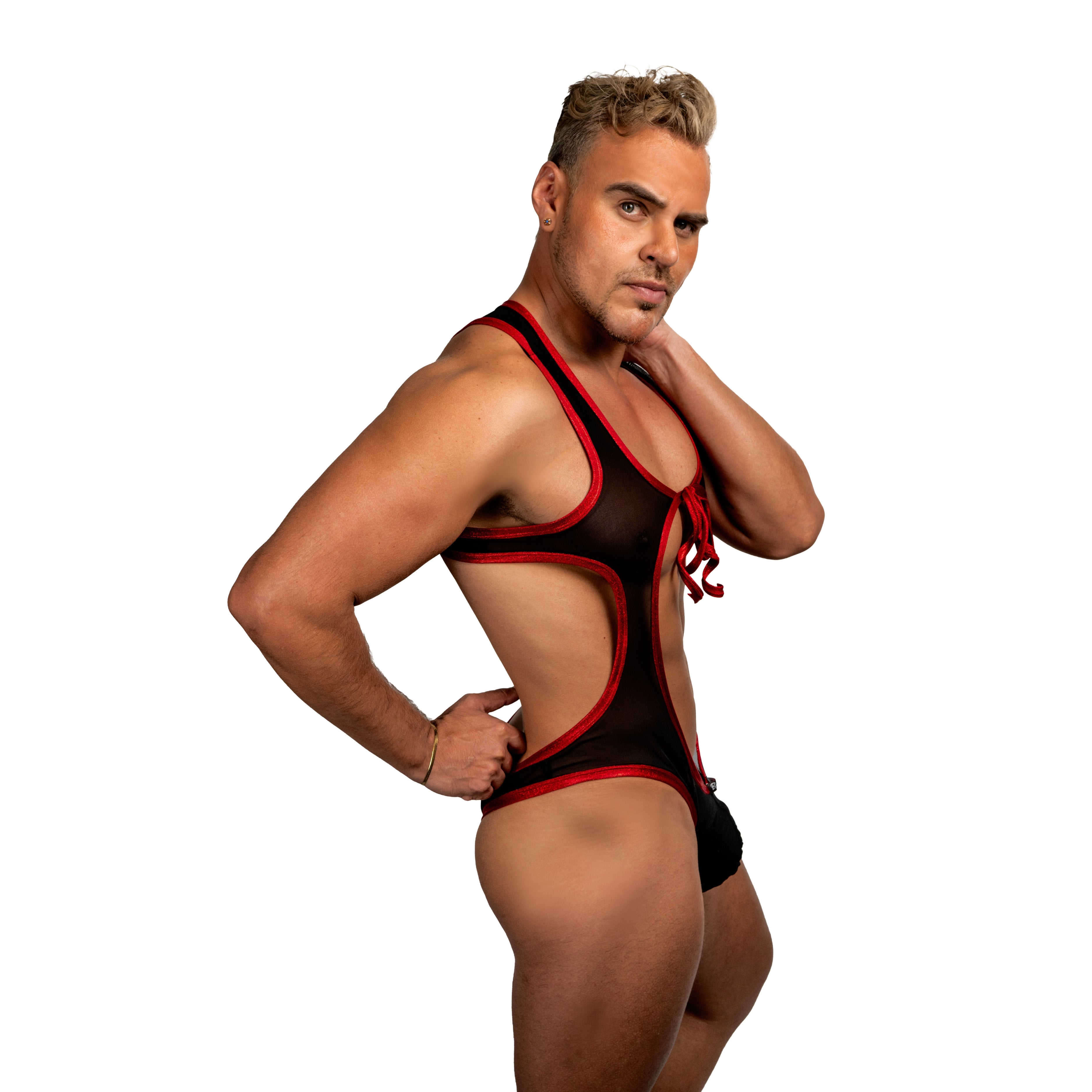 THE LUXURY - BODYSUIT BODICE THONG BULGE RED HOLOGRAM & BLACK MESHv