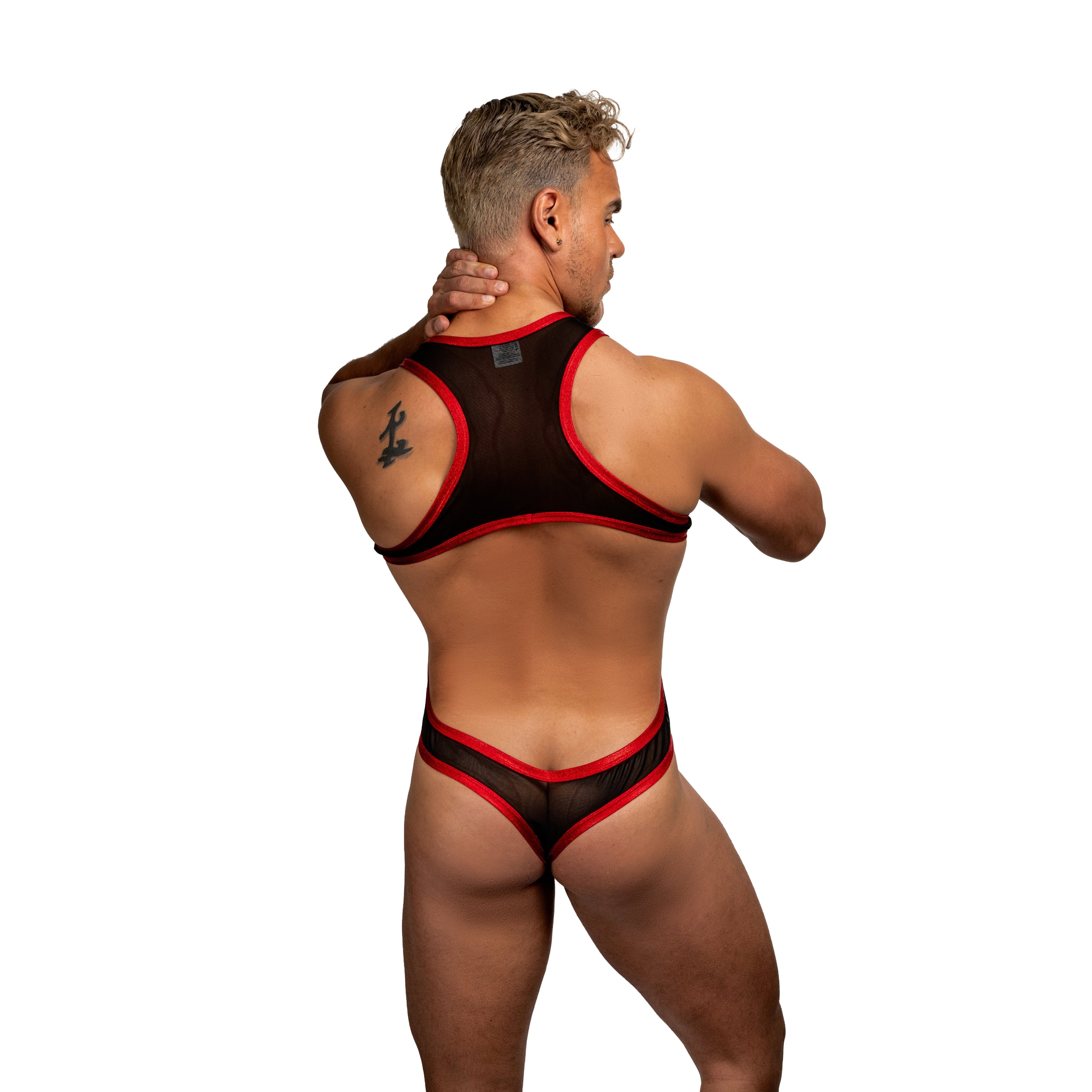 THE LUXURY - BODYSUIT BODICE THONG BULGE RED HOLOGRAM & BLACK MESHv