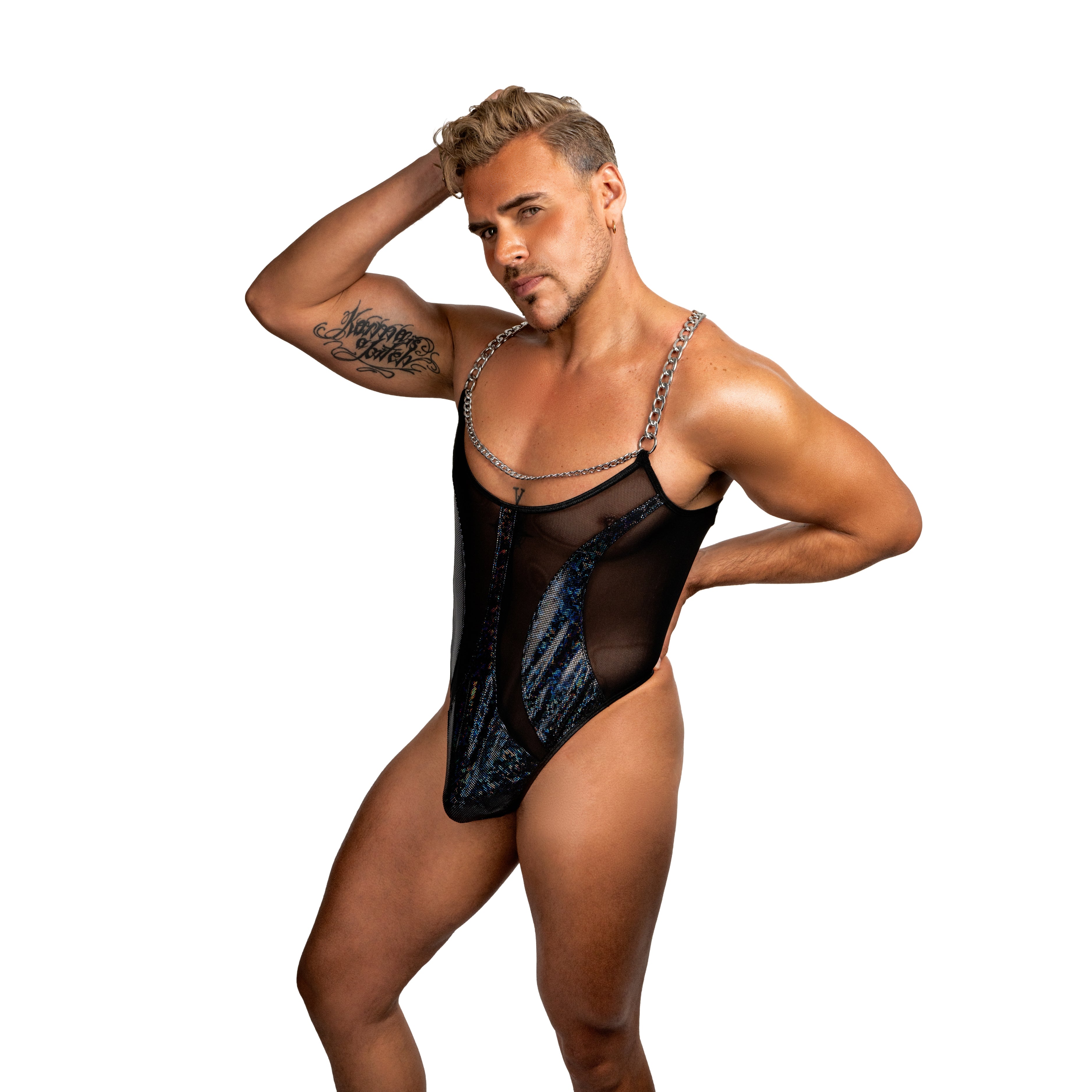 THE LUXURY - BODYSUIT THONG GLITTER TORNASOL & BLACK MESH - METAL CHAIN
