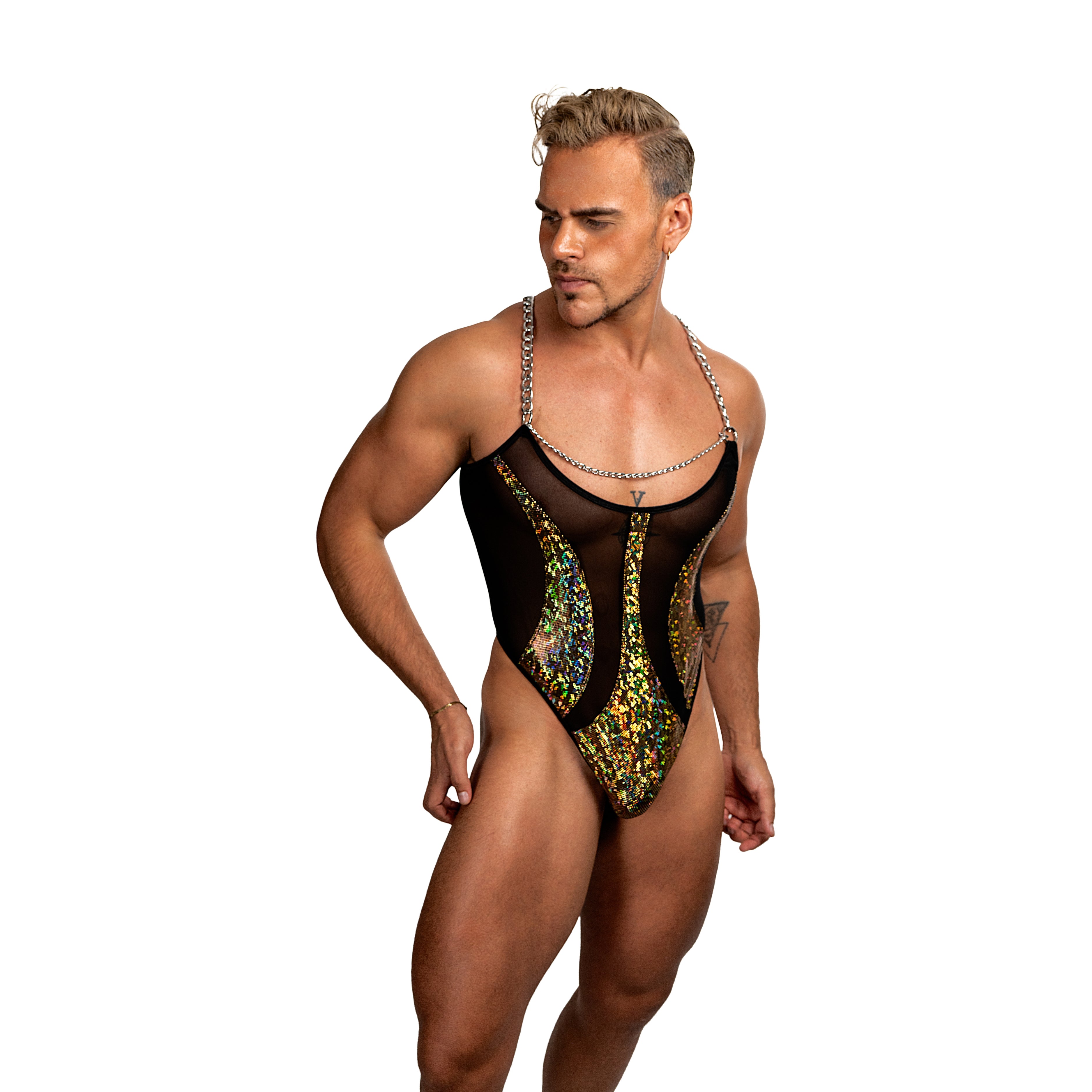 THE LUXURY - BODYSUIT THONG GOLD GLITTER HOLOGRAM & BLACK MESH - METAL CHAIN