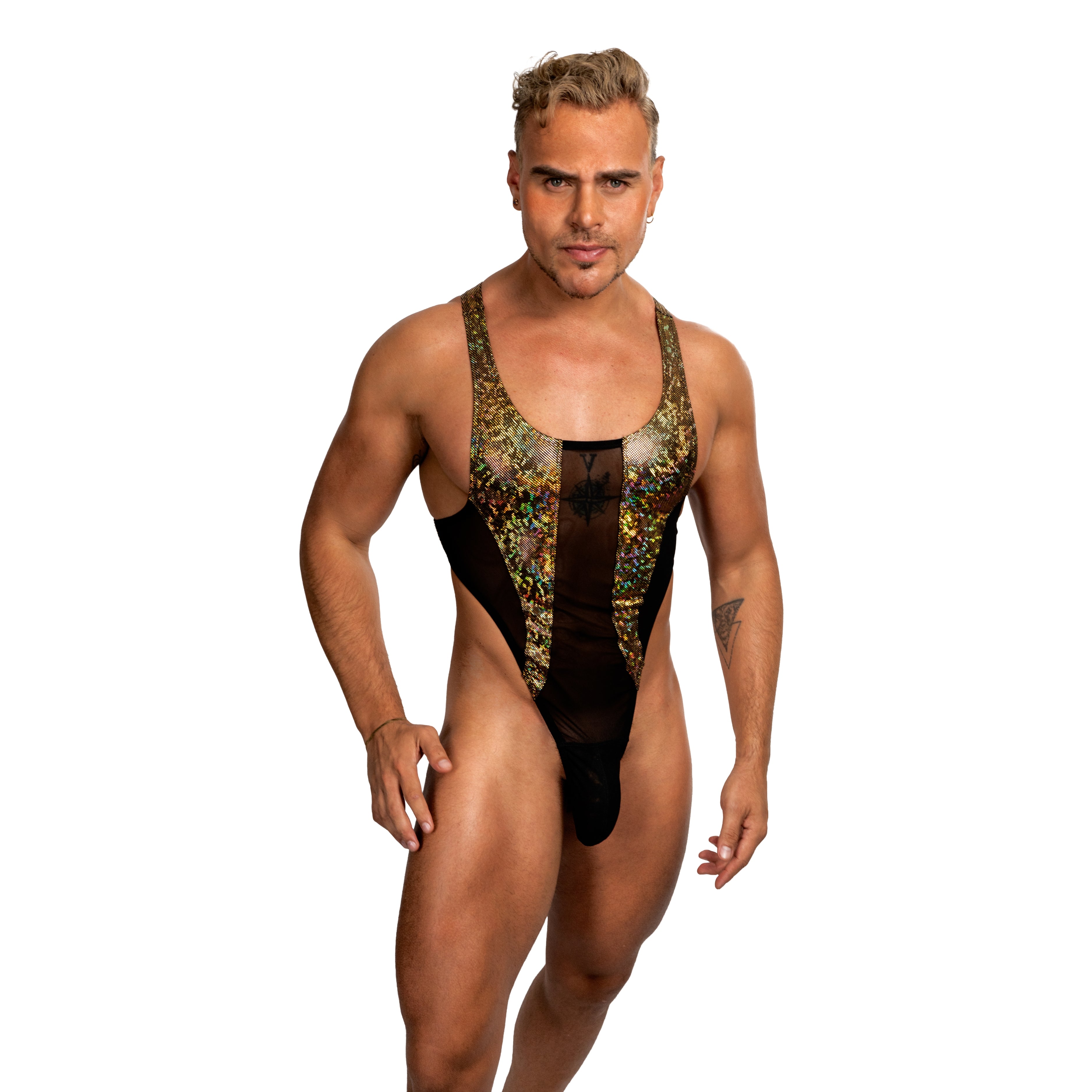 THE LUXURY - BODYSUIT THONG LONG BULGE GOLD GLITTER HOLOGRAM & BLACK MESH